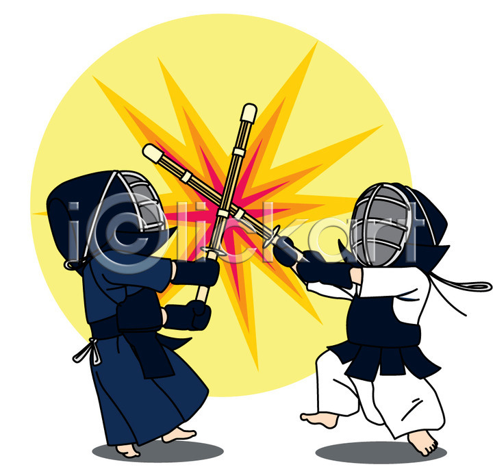 경쟁 남자 두명 어린이 AI(파일형식) 일러스트 검도 검도복 목검 스포츠 일러캐릭터 전신 캐릭터