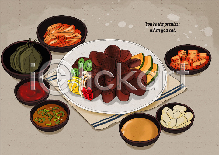 사람없음 PSD 일러스트 국내일러스트 김치 깍두기 깻잎절임 단호박 레몬 마늘 분식 소스통 순대 식탁보 양념 플레이팅