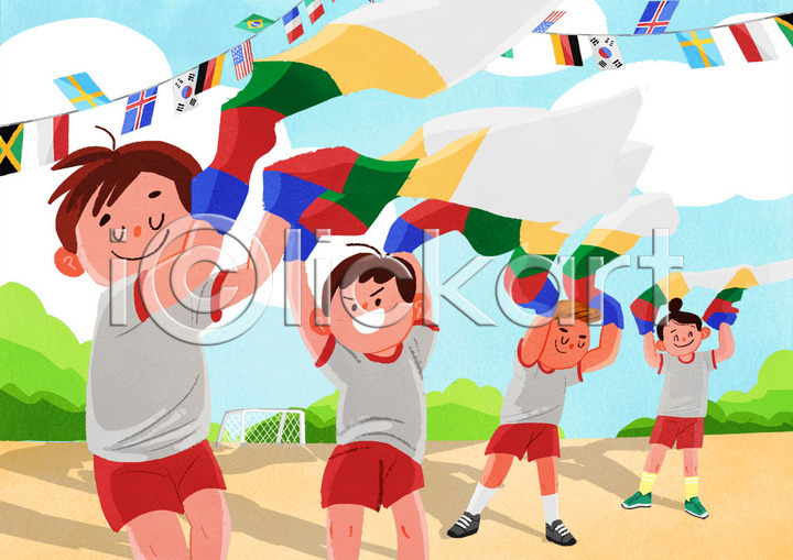즐거움 남자 사람 어린이 여러명 여자 PSD 일러스트 가을(계절) 공연 국내일러스트 만국기 미소(표정) 손들기 스쿨라이프 어린이라이프 운동장 응시 전신 전통무용 체육대회 체육복 춤 학교 한삼