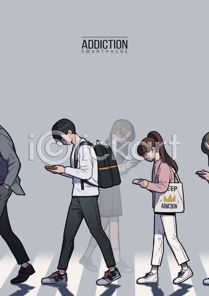 사회이슈 남자 사람 성인 여러명 여자 청소년 PSD 일러스트 가방 걷기 교복 국내일러스트 스마트폰 스마트폰중독 스몸비 응시 전신 중독 학생 회색배경 횡단보도
