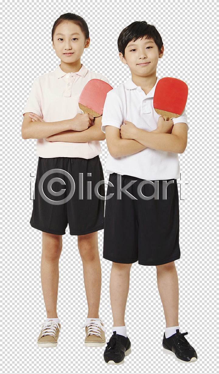 남자 두명 사람 어린이 어린이만 여자 한국인 PNG 앞모습 편집이미지 서기 스포츠 운동복 응시 전신 탁구 탁구채 팔짱 편집소스