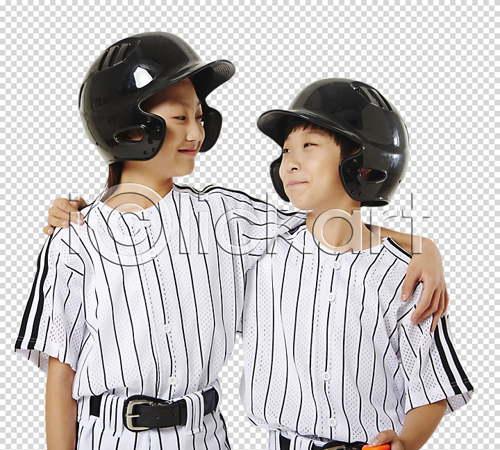 남자 두명 사람 어린이 어린이만 여자 한국인 PNG 앞모습 편집이미지 마주보기 미소(표정) 상반신 서기 야구 야구복 어깨동무 응시 편집소스 헬멧