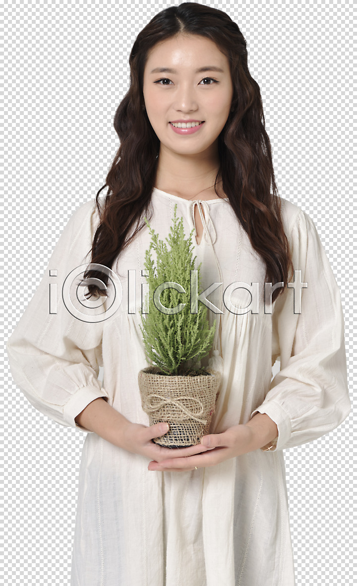 20대 성인 성인여자한명만 여자 한국인 한명 PNG 앞모습 편집이미지 그린데이 기념일 들기 미소(표정) 상반신 식물 웃음 편집소스 화분 환경