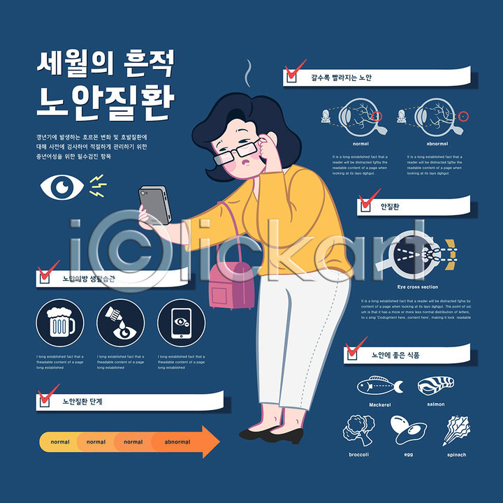 고통 사람 여자 중년 중년여자한명만 한명 AI(파일형식) 일러스트 갱년기 검사(조사) 국내일러스트 눈(신체부위) 눈건강 병원 스마트폰 시력 안경 안과 여성질환 응시 인포그래픽 전신 질병 파란색