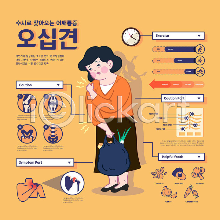 고통 괴로움 사람 여자 중년 중년여자한명만 한명 AI(파일형식) 일러스트 갱년기 검사(조사) 관절 국내일러스트 그래프 노란색 병원 뼈 시계 어깨 어깨통증 여성질환 오십견 인포그래픽 전신 질병