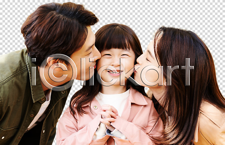 사랑 행복 30대 40대 남자 사람 성인 세명 어린이 여자 한국인 PNG 앞모습 옆모습 편집이미지 가족 딸 미소(표정) 부모 상반신 자녀 키스 편집소스