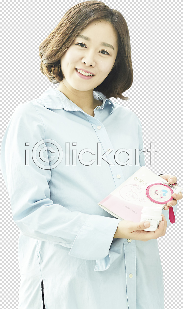 20대 사람 성인 성인여자한명만 여자 한국인 한명 PNG 옆모습 편집이미지 미소(표정) 배지 산모수첩 상반신 서기 아기용품 응시 임산부 임신 철분제 편집소스