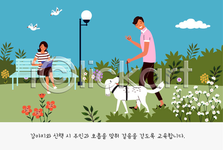 귀여움 산책 남자 두명 사람 여자 AI(파일형식) 일러스트 가로등 강아지 개 공원 교육 교정 구름(자연) 국내일러스트 꽃 목줄 반려 반려견 반려동물 발걸음 벤치 연습 조류 주인 책 펫팸족 풀(식물)