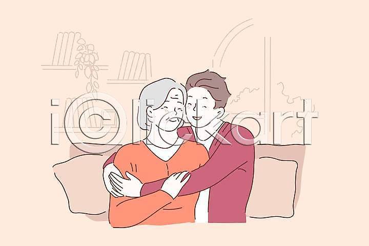 사랑 함께함 화목 남자 노년 두명 성인 여자 EPS 일러스트 해외이미지 가족 상반신 소파 손자 안기 창문 책장 코랄 쿠션 포옹 할머니 해외일러스트
