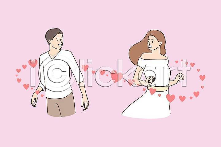 사랑 함께함 남자 두명 성인 성인만 여자 EPS 일러스트 해외이미지 뒤돌아보기 마주보기 분홍색 상반신 커플 하트 해외일러스트