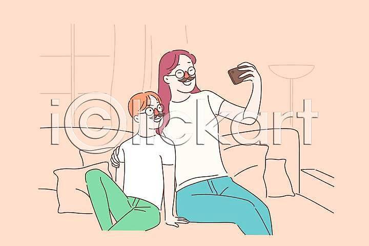 사랑 함께함 남자 두명 성인 소년 어린이 여자 EPS 일러스트 해외이미지 가족 들기 모자(엄마와아들) 분장 상반신 소파 스마트폰 아들 안경 안경낌 앉기 엄마 코랄 쿠션 파티용품 해외일러스트
