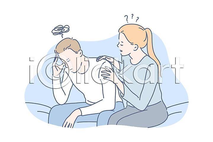 고민 도움 의문 피곤 함께함 남자 두명 성인 성인만 여자 EPS 일러스트 해외이미지 가족 두통 물음표 상반신 손짚기 앉기 어깨에손 커플 하늘색 해외일러스트