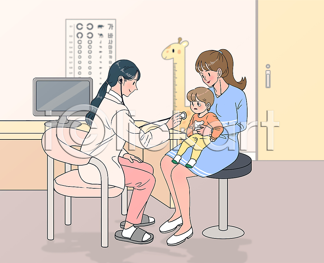 성인 세명 소녀(어린이) 어린이 여자 여자만 PSD 일러스트 국내일러스트 들기 마주보기 모녀 모니터 미소(표정) 소아과 소아과의사 시력검사표 신장계 앉기 어린이병원 울음 의자 전신 진료 진료실 청진기