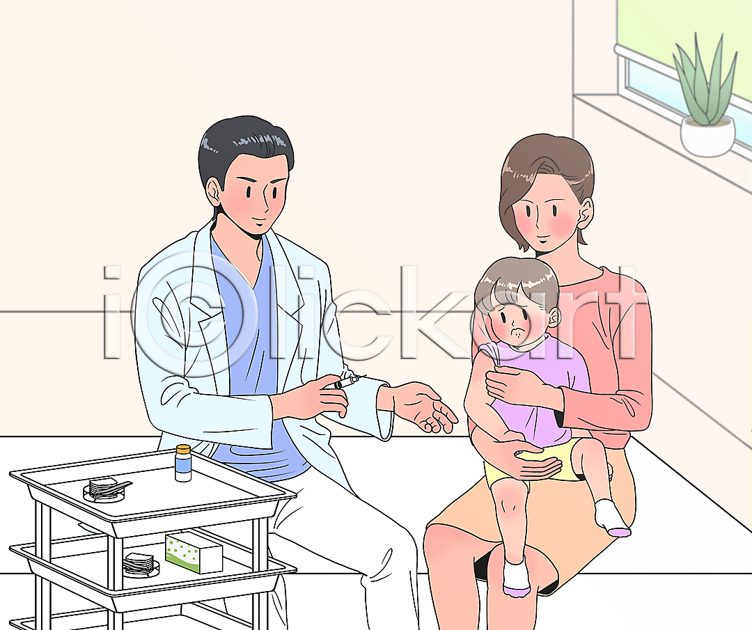 무서움 남자 성인 세명 소년 어린이 여자 PSD 일러스트 국내일러스트 모자(엄마와아들) 상반신 소아과 소아과의사 수레 안기 앉기 어린이병원 예방주사 전신 주사기 진료 찡그림 화분