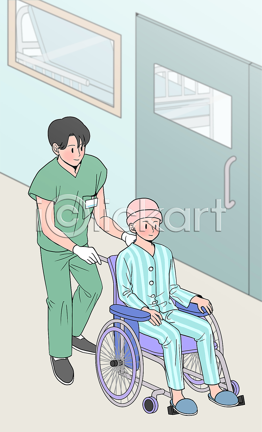 이동 남자 남자만 두명 성인 소년 어린이 PSD 일러스트 간호사 걷기 국내일러스트 문 복도 소아과 소아병동 소아암 앉기 어린이병원 전신 환자 환자복 휠체어