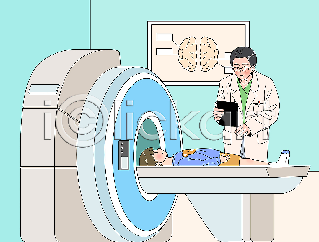 남자 남자만 두명 성인 소년 어린이 PSD 일러스트 CT촬영 MRI 건강검진 국내일러스트 뇌 눕기 들기 상반신 소아과 소아과의사 안경낌 어린이병원 전신 진료 진료기록부