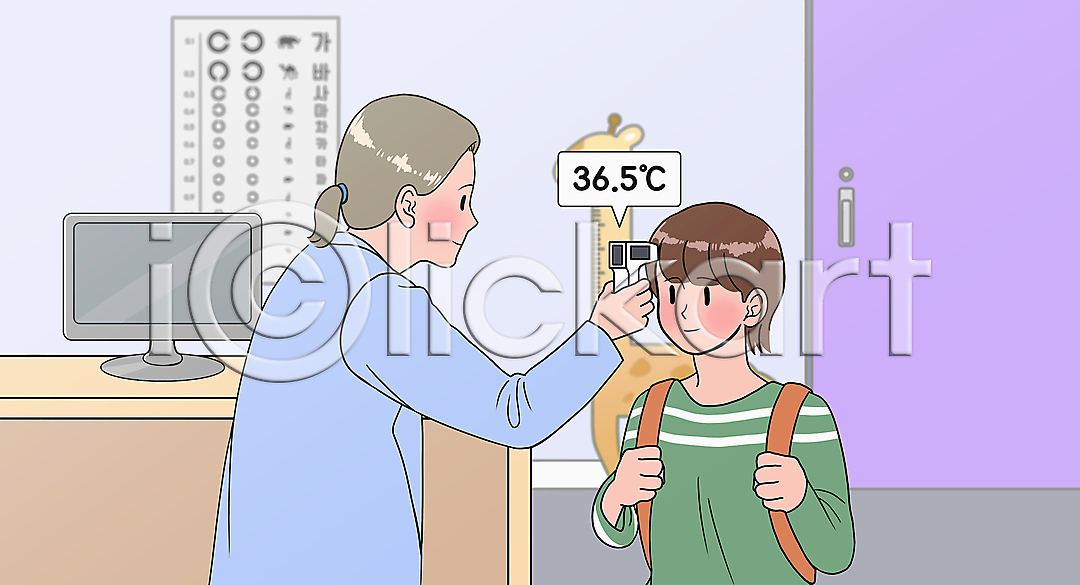 두명 성인 소녀(어린이) 어린이 여자 여자만 PSD 일러스트 국내일러스트 들기 매기 모니터 미소(표정) 비접촉체온계 상반신 소아과 소아과의사 시력검사표 신장계 어린이병원 진료 책상 체온 체온계 체온측정