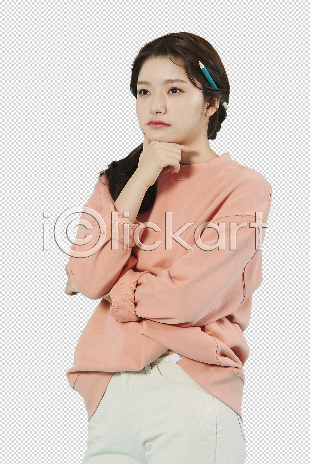 고민 상상 20대 성인 성인여자한명만 여자 한국인 한명 PNG 편집이미지 꽂음 누끼 대학생 무표정 상반신 생각 연필 응시 턱괴기 팔짱 편집 편집소스