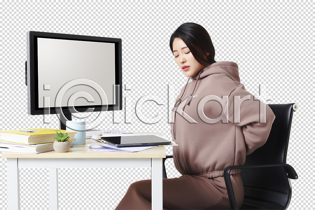 피곤 20대 성인 성인여자한명만 여자 한국인 한명 PNG 편집이미지 누끼 눈감음 대학생 뒷짐 모니터 상반신 스트레칭 앉기 의자 책 책상 컴퓨터 태블릿 편집 편집소스 허리통증 화분