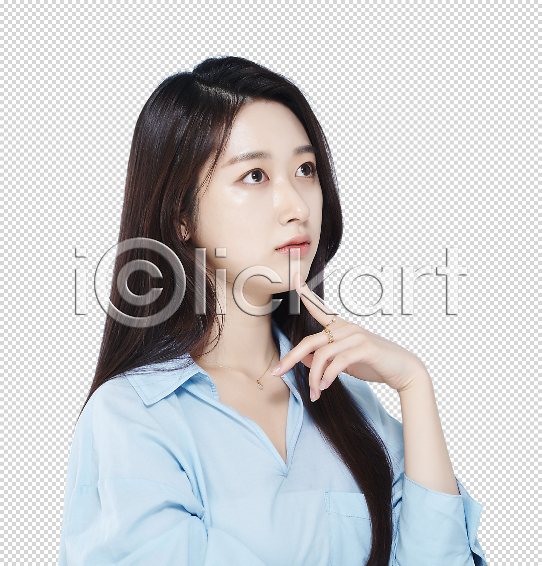 고민 상상 20대 성인 성인여자한명만 여자 한국인 한명 PNG 편집이미지 누끼 상반신 생각 손짓 응시 의료성형뷰티 편집 편집소스