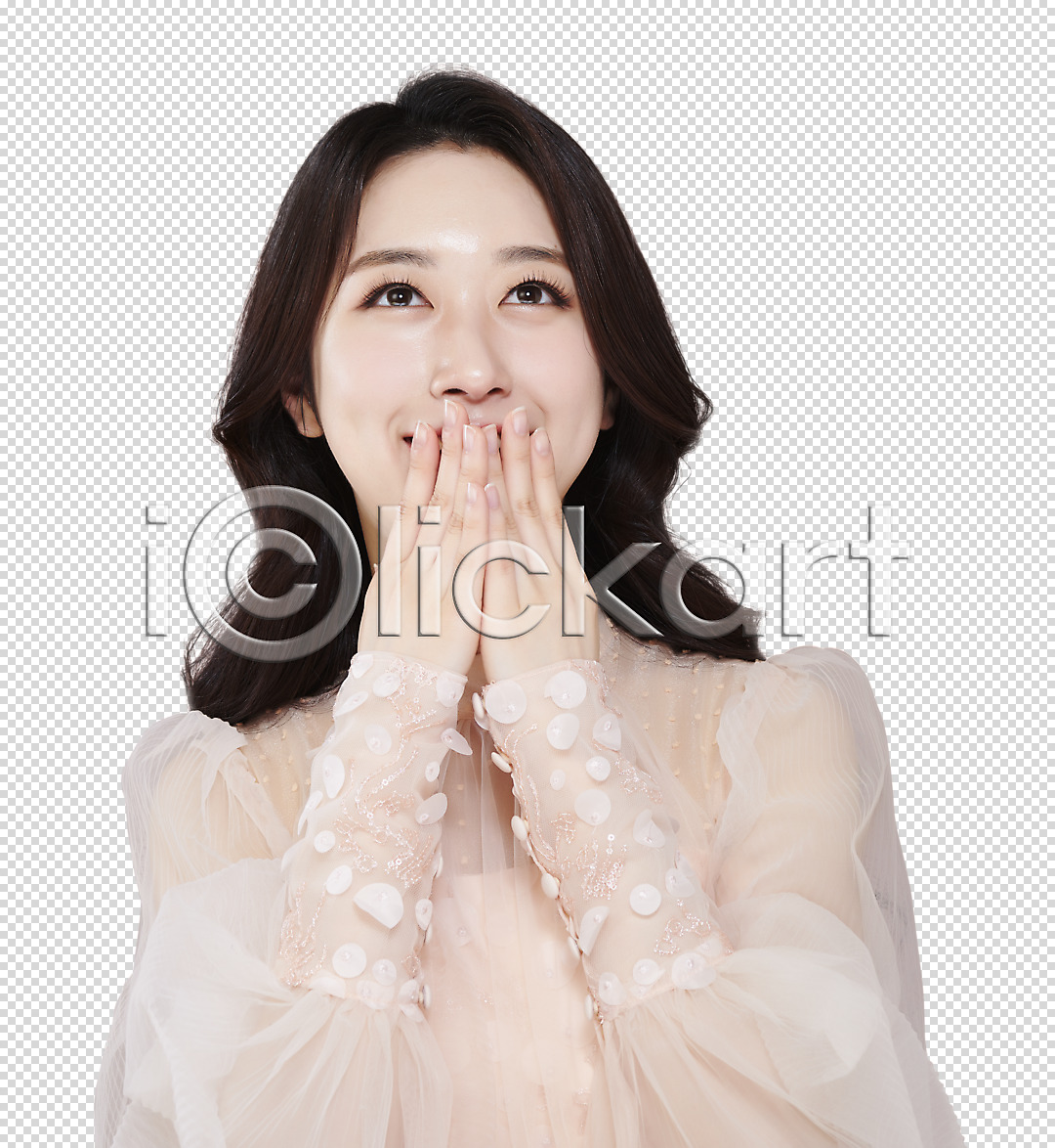 상상 20대 성인 성인여자한명만 여자 한국인 한명 PNG 편집이미지 누끼 미소(표정) 상반신 생각 올려보기 웃음 응시 의료성형뷰티 입가림 편집 편집소스
