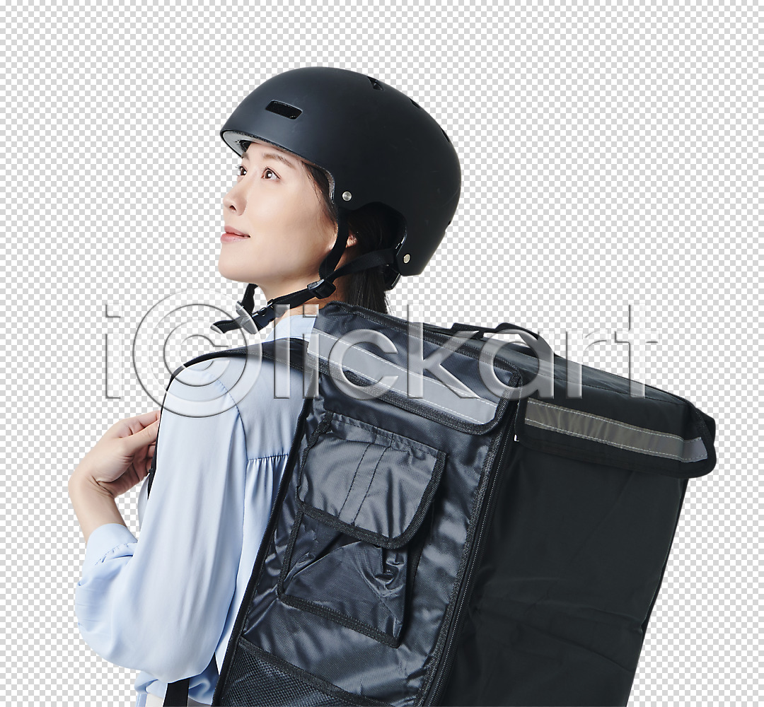 상상 30대 성인 성인여자한명만 여자 한국인 한명 PNG 편집이미지 긱워커 누끼 라이더 매기 미소(표정) 배달원 배달원가방 비즈니스우먼 상반신 응시 편집 편집소스 헬멧