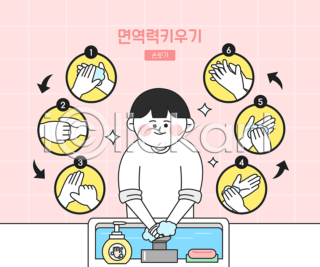 남자 성인 성인남자한명만 신체부위 한명 AI(파일형식) 일러스트 건강관리 국내일러스트 닦기 매뉴얼 면역력 방법 분홍색 비누 상반신 세면대 손 손씻기 손씻기방법 청결 핸드워시