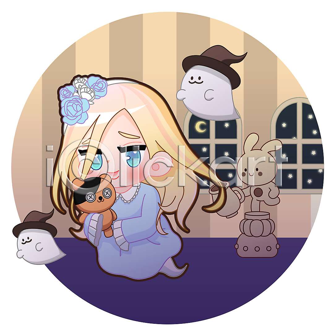 소녀(어린이) 소녀한명만 어린이 여자 한명 AI(파일형식) 일러스트 곰인형 국내일러스트 들기 미소(표정) 야간 월간캐릭터 유령 일러캐릭터 전신 조각상 창문 토끼 할로윈