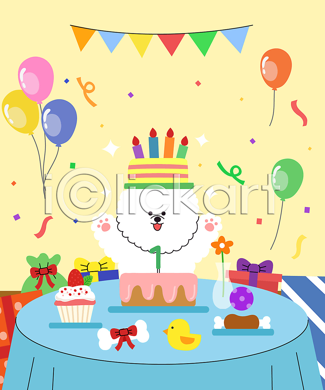 축하 사람없음 AI(파일형식) 일러스트 가랜드 만세 모자(잡화) 반려견 비숑프리제 상반신 생일 생일케이크 선물 선물상자 일러캐릭터 장난감 캐릭터 케이크 파티 파티용품 풍선 한마리