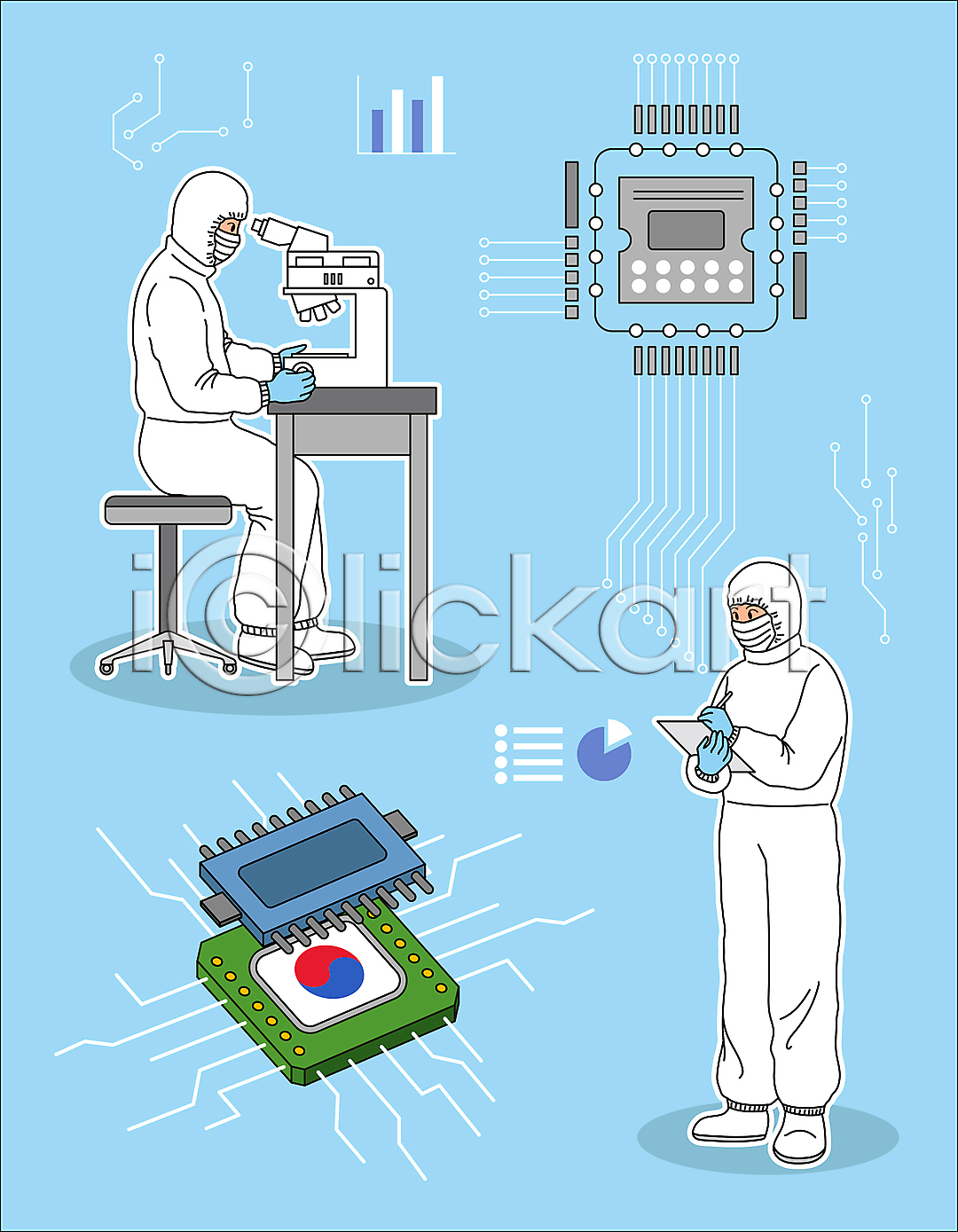 두명 성인 성인만 AI파일 일러스트 공학 국내일러스트 기계 기록 기술 반도체 반도체칩 방역복 서기 앉기 전신 전자부품 태극 하늘색 한국 현미경