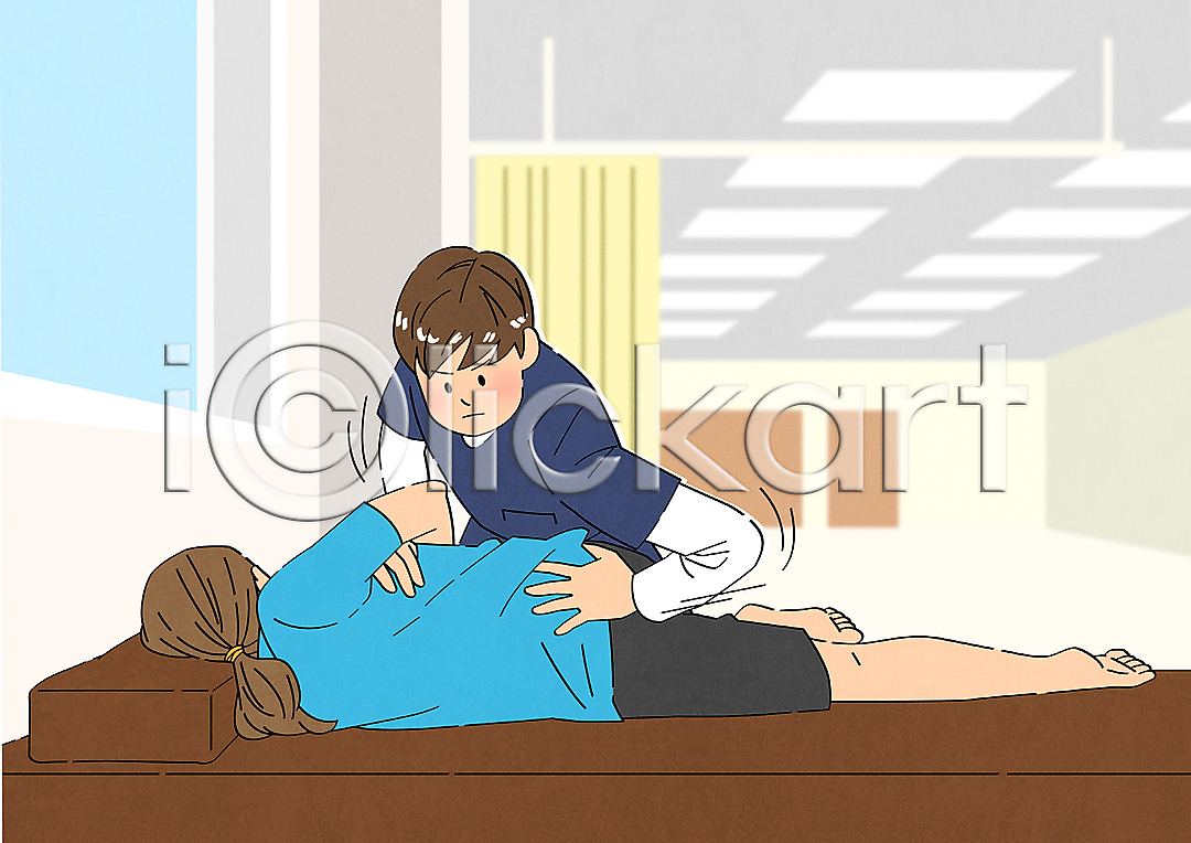 남자 두명 성인 성인만 여자 AI(파일형식) 일러스트 국내일러스트 누름 눕기 도수치료 마사지 상반신 잡기 전신 정형외과 치료 치료사 환자