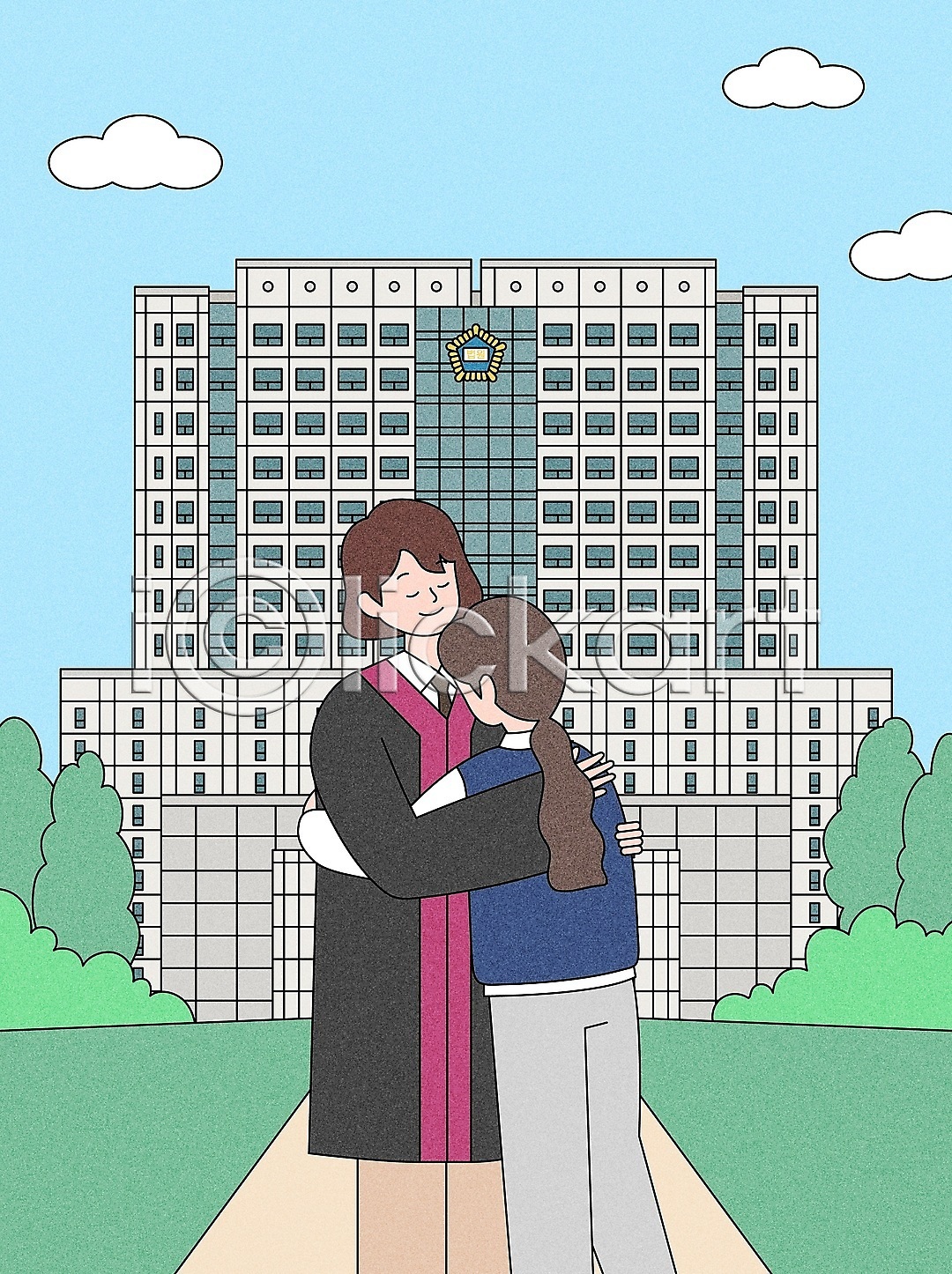 두명 성인 여자 여자만 청소년 AI(파일형식) 일러스트 교복 구름(자연) 국내일러스트 나무 눈감음 법률가 법원 상반신 안기 판사 판사복 포옹 학생