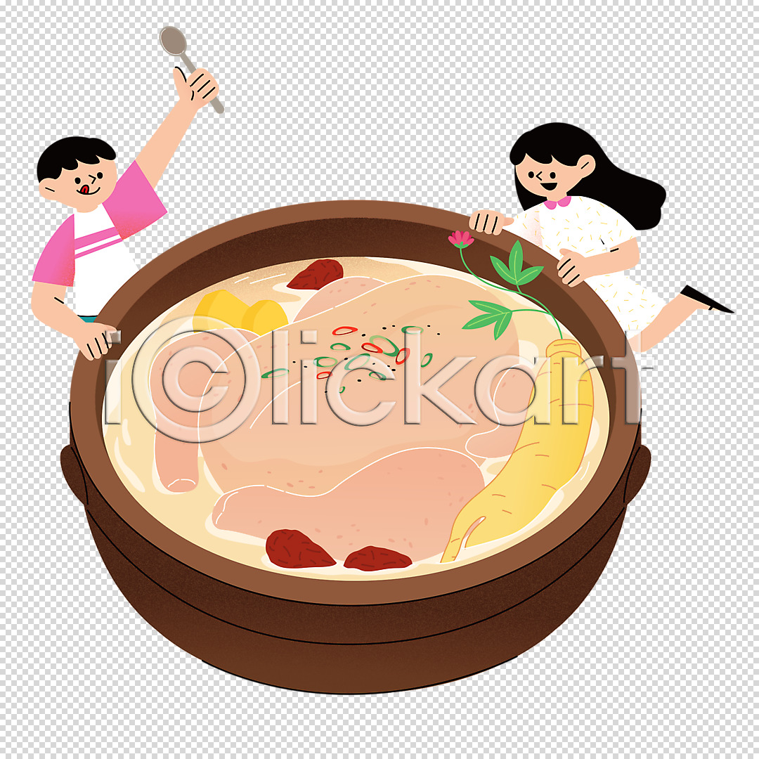 남자 두명 성인 성인만 여자 PNG 편집이미지 누끼 다리들기 닭고기 대추 들기 뚝배기 밤(견과류) 보양식 복날 삼계탕 상반신 숟가락 인삼 전신 한식