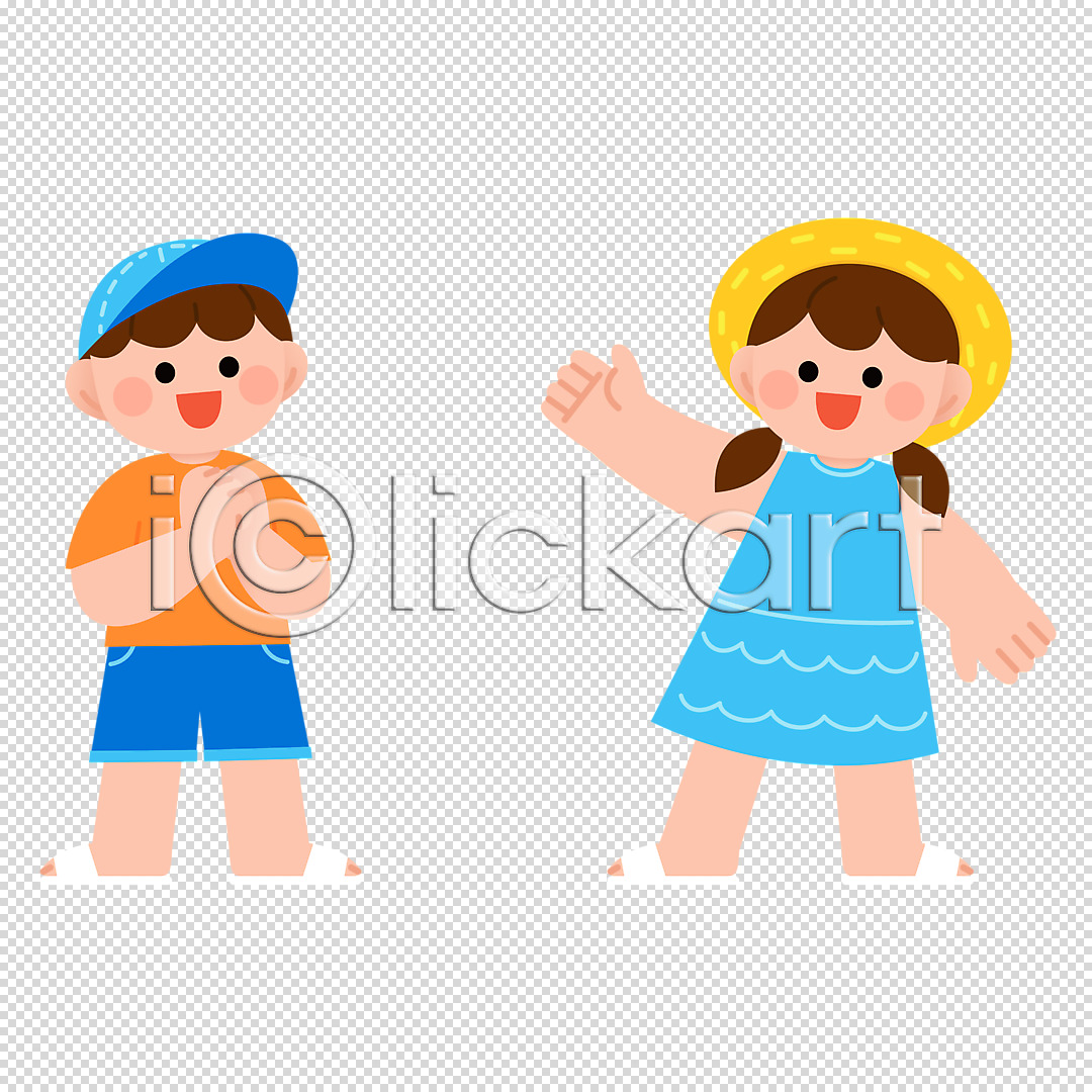 남자 두명 소녀(어린이) 소년 어린이 어린이만 여자 PNG 편집이미지 누끼 손들기 손모으기 손인사 여름옷 전신