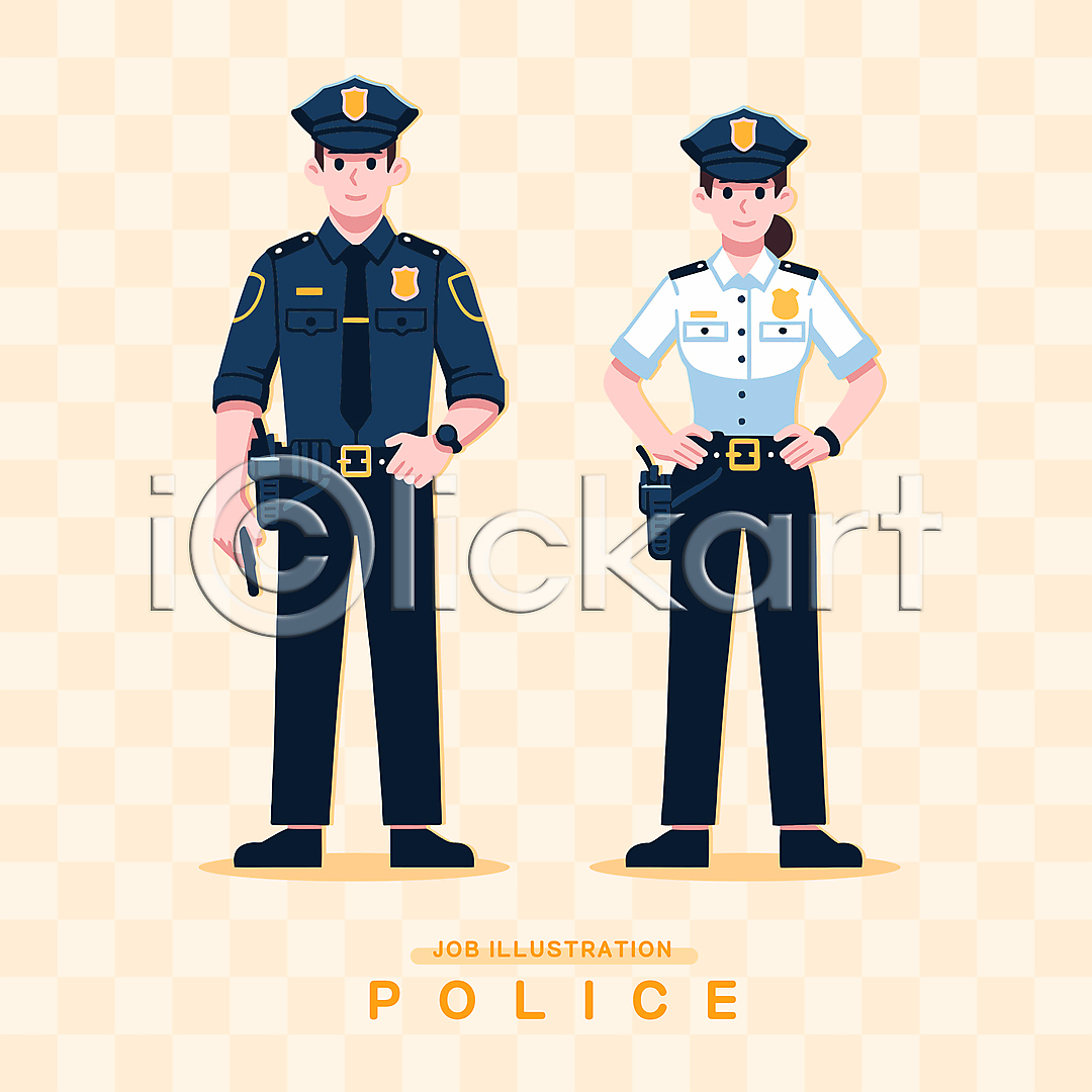 남자 두명 성인 성인만 여자 AI(파일형식) 일러스트 경찰 경찰복 권총 노란색 들기 모자(잡화) 서기 일러캐릭터 전신 직업캐릭터 총