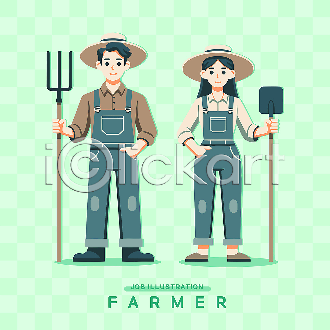 남자 두명 성인 성인만 여자 AI(파일형식) 일러스트 갈퀴 농부 들기 멜빵바지 모자(잡화) 밀짚모자 삽 서기 일러캐릭터 작업복 전신 주머니손 직업캐릭터 초록색