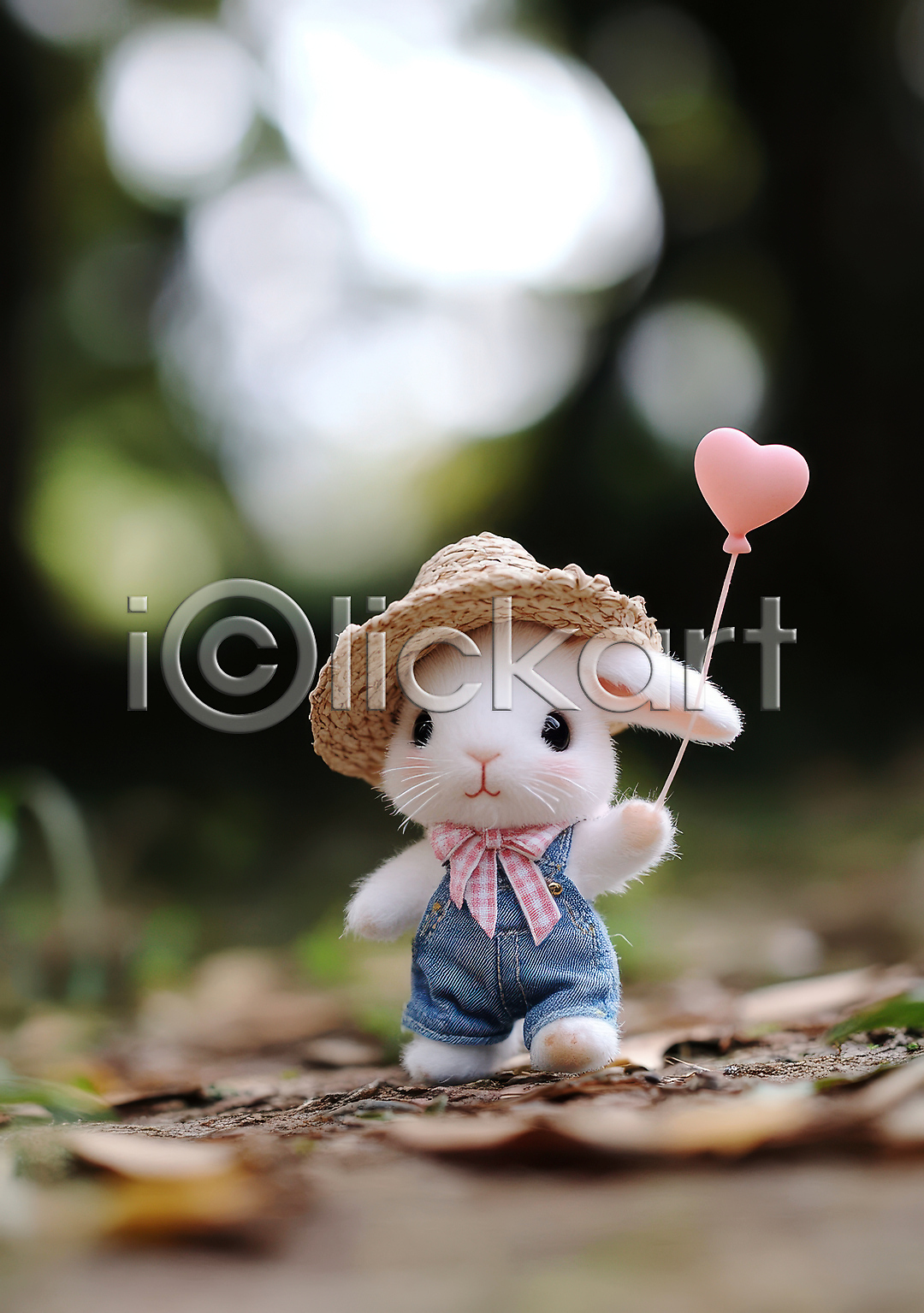 귀여움 사랑 사람없음 JPG 편집이미지 걷기 동물 들기 멜빵바지 밀짚모자 스카프 자연 토끼인형 토끼캐릭터 편집실사 하트풍선