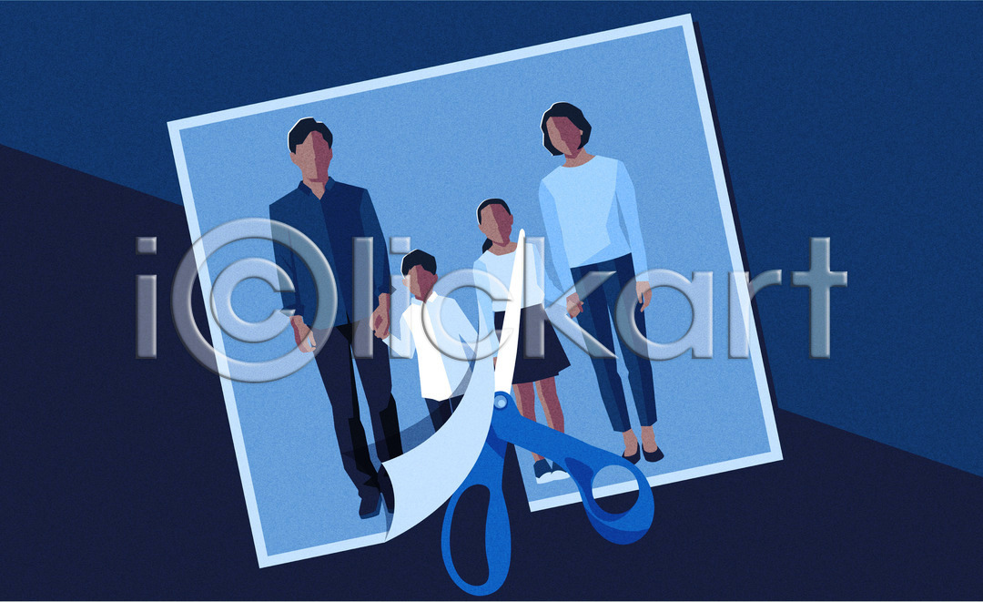 남자 사람 성인 여러명 여자 AI(파일형식) 일러스트 가위(도구) 가위질 가족 가족사진 국내일러스트 딸 부모 부부 손잡기 아들 아빠 얼굴없음 엄마 이혼 자녀 자르기 파란색