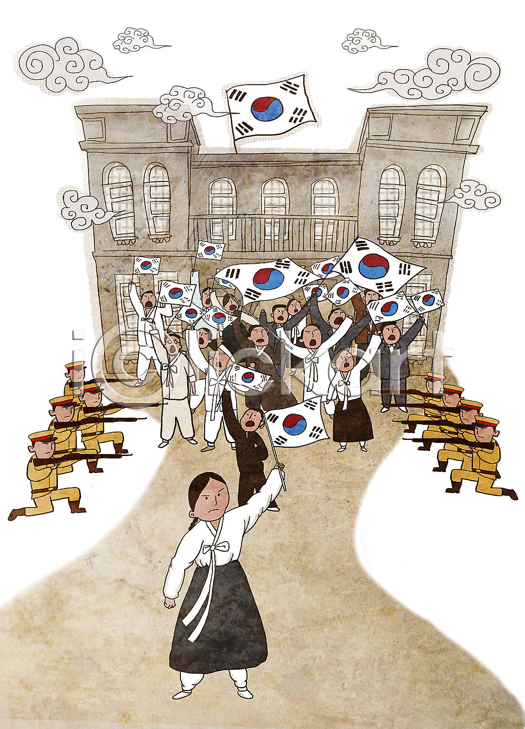 남자 여러명 여자 PSD 일러스트 건물 광복 광복절 국내일러스트 독립 독립운동 독립운동가 만세 삼일절 시위 역사 유관순 일본군 일본순사 일제강점기 전신 총 태극기 한국