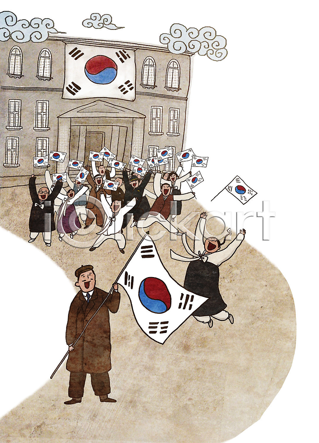 기쁨 축하 남자 여러명 여자 PSD 일러스트 건물 광복 광복절 국내일러스트 독립 독립운동 독립운동가 만세 삼일절 시위 역사 일본군 일본순사 일제강점기 전신 총 태극기 한국