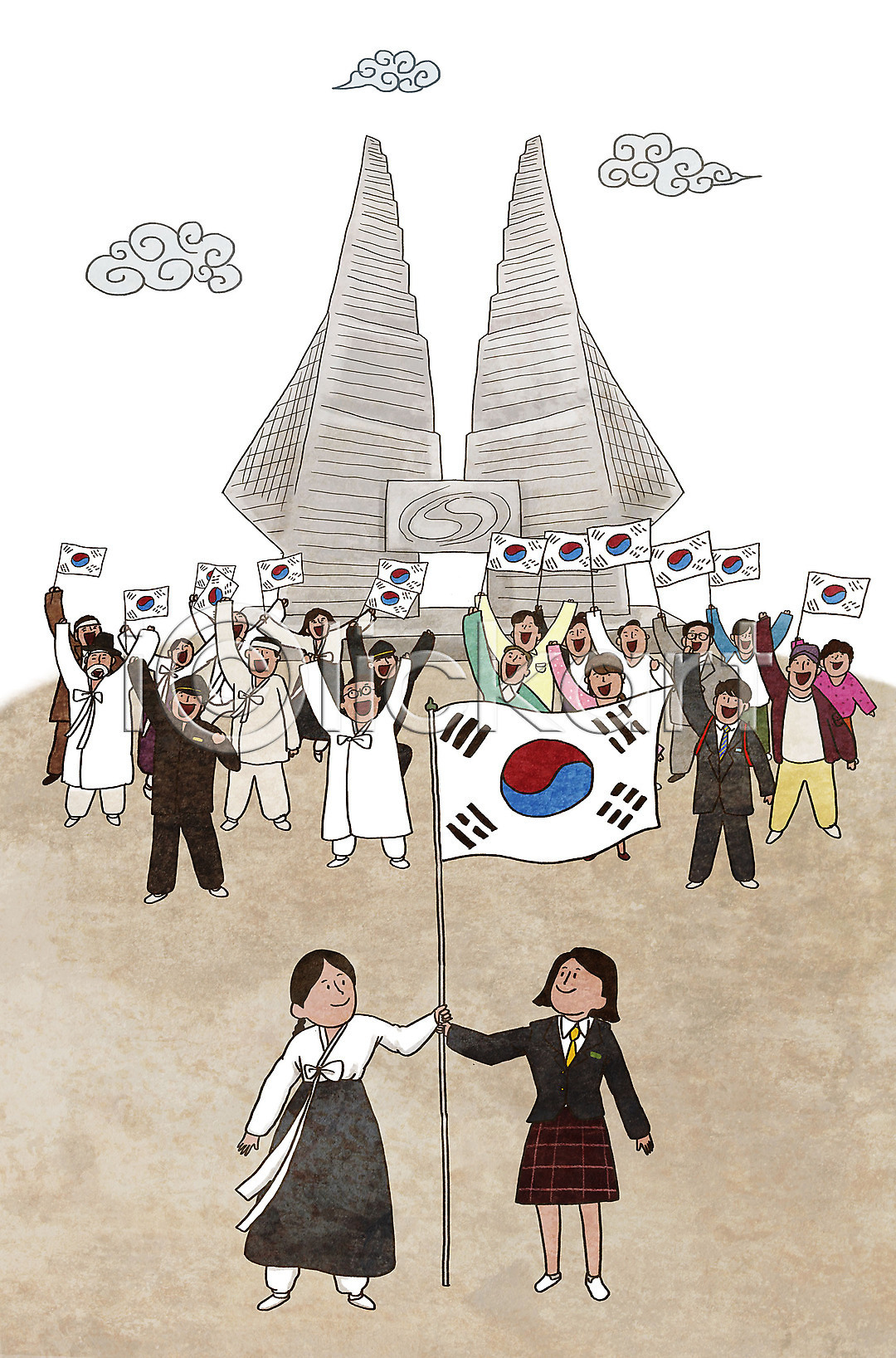 과거 기쁨 미래 남자 여러명 여자 PSD 일러스트 광복 광복절 국내일러스트 독립 독립기념관 독립운동 독립운동가 만세 삼일절 시위 역사 일본군 일본순사 일제강점기 전신 총 태극기 한국