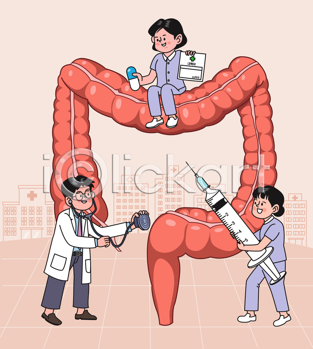 남자 성인 성인만 세명 여자 AI(파일형식) 일러스트 간호사 국내일러스트 대장 대장질환 들기 병원 서기 앉기 알약 의사 전신 주사기 진료 청진기 치료 항문외과