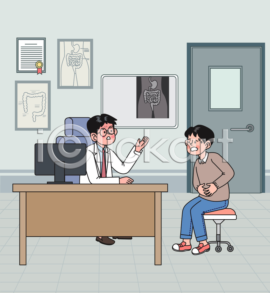 남자 두명 성인 성인남자만 AI(파일형식) 일러스트 감싸기 국내일러스트 대장질환 모니터 복통 앉기 의사 의자 전신 진료 진료실 책상 항문외과