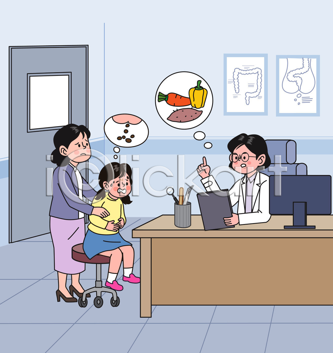 성인 세명 소녀(어린이) 어린이 여자 여자만 AI(파일형식) 일러스트 국내일러스트 대장질환 모니터 문 변비 서기 섬유질 식이요법 앉기 의사 의자 전신 진료 진료실 채소 책상 치료 항문외과