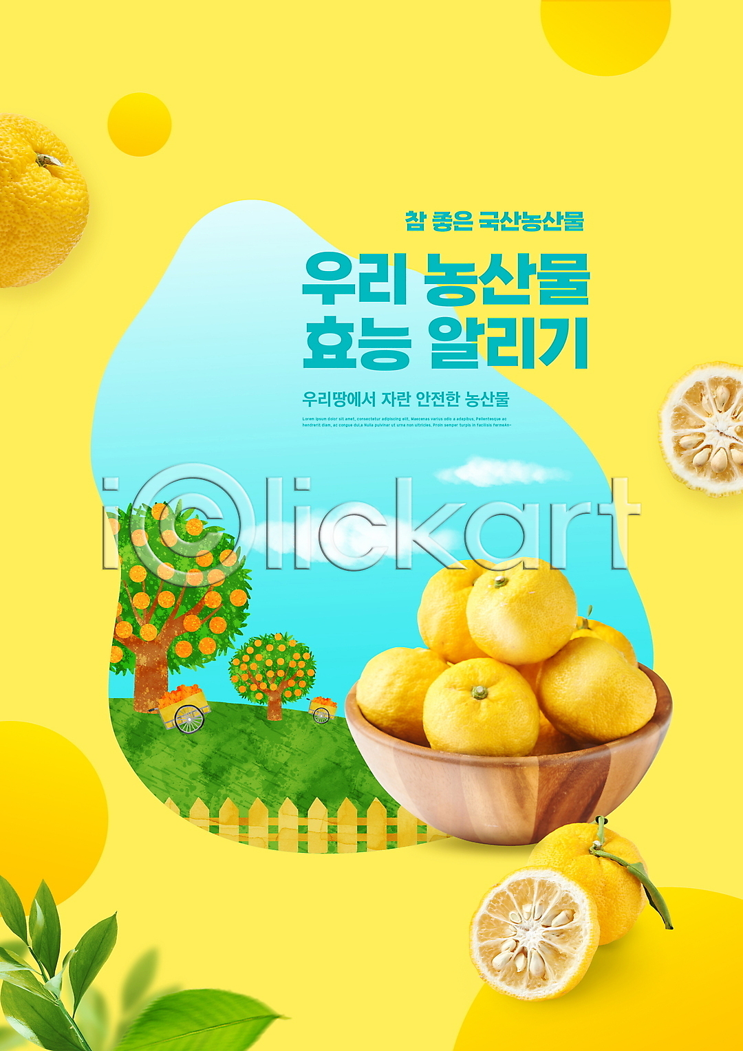 사람없음 PSD 편집이미지 국산 나무그릇 나뭇잎 노란색 농작물 담기 로컬푸드 수레 알림 유자 유자나무 이미지편집 타이포그라피