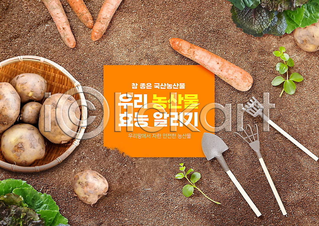 사람없음 PSD 편집이미지 감자 국산 농기구 농작물 당근 로컬푸드 모종삽 상추 소쿠리 알림 이미지편집 타이포그라피 흙