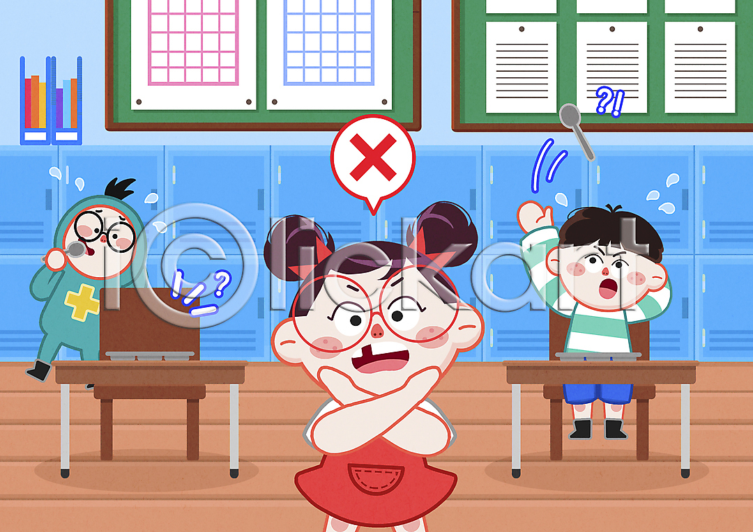 남자 세명 소녀(어린이) 소년 어린이 어린이만 여자 PSD 일러스트 교실 국내일러스트 금지 급식 던지기 들기 상반신 숟가락 식사예절 식판 앉기 엄격한 전신 책상 파란색