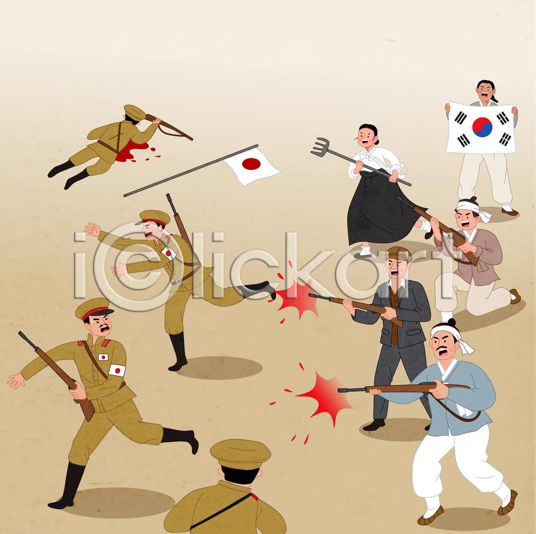 탈출 남자 성인 성인만 여러명 여자 AI(파일형식) 일러스트 갈색 공격 국내일러스트 농기구 독립운동 들기 상반신 소총 일본군 일제강점기 전신 죽음 총쏘기 태극기 한복