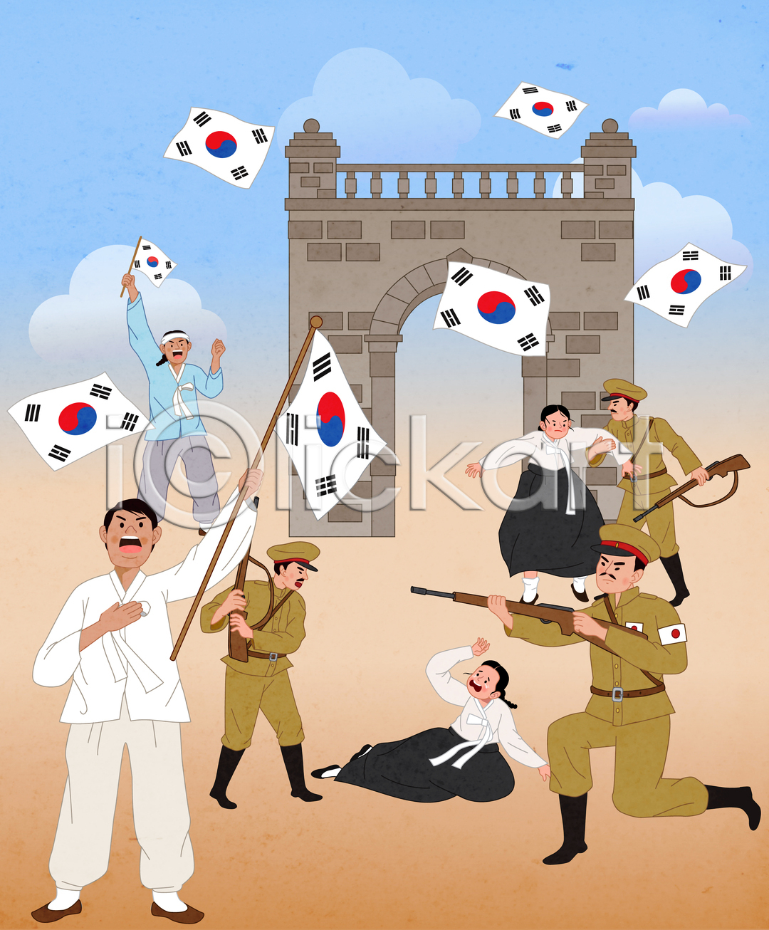 남자 성인 성인만 여러명 여자 AI(파일형식) 일러스트 국내일러스트 독립문 독립운동 독립운동가 들기 만세운동 소총 위협 일본군 일제강점기 잡기 전신 총쏘기 태극기 한복