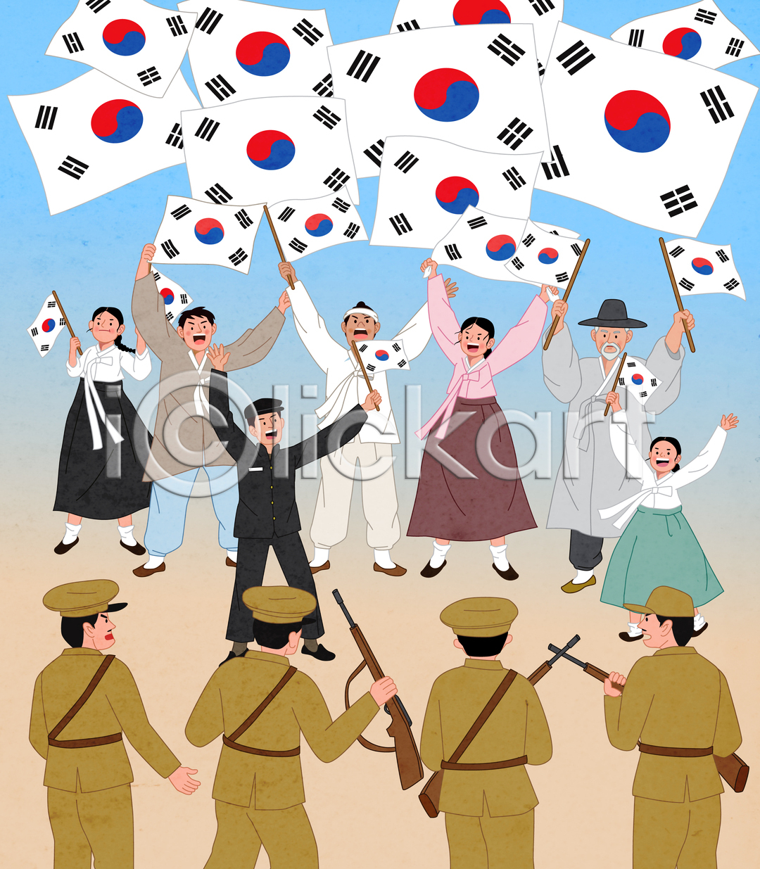남자 노년 성인 소녀(어린이) 어린이 여러명 여자 청소년 AI(파일형식) 일러스트 국내일러스트 독립운동 독립운동가 들기 만세 만세운동 상반신 서기 소총 일본군 일제강점기 전신 태극기 한복